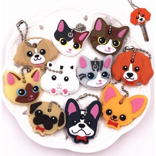 Top selling 10Pcs Silicone Key Ring Cap Head Cover Keychain Case Shell Cat Hamster Pug Dog Animals Shape Lovely Jewelry Gift