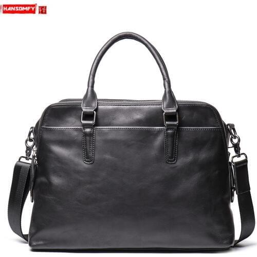 New Soft Black Leather Handbag Men Portable Briefcase Women Shoulder Messenger Bag Large Capacity Computer Bag A4 File Bag 14"