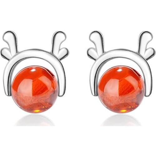 New Personality Garnet Antler Simple Christmas Elk 925 Sterling Silver Jewelry Exquisite Crystal Red Popular Stud Earrings SE884