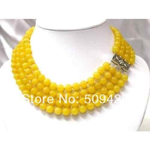 Charming! 4 Rows 8mm Yellow Natural Jade Necklace AAA
