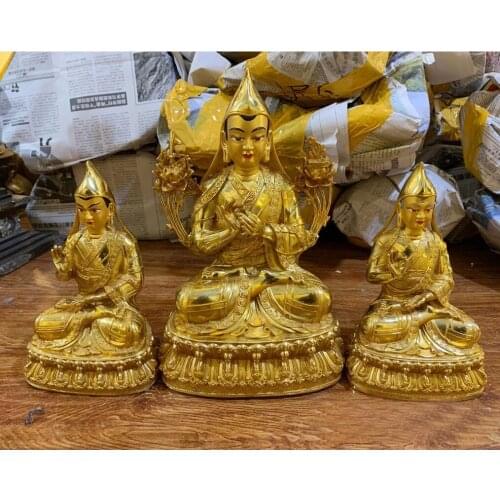 Wholesale Buddhist supplies 3PCS Tibetan Buddhism gilding Tsongkhapa Buddha attendants statue bless safety health good luck