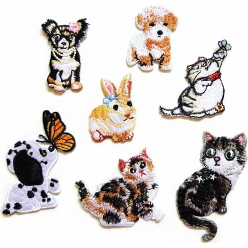 PGY Kawaii Cats Embroidered Patch Iron On Kids Cute Dog Rabbit Animals Appliqued Sew Stickers For Clothes DIY Apparel Accessory