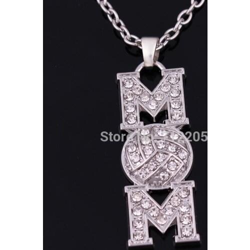 Mothers Day Gift zinc alloy Volleyball Mom Pave clear Crystal sports Pendant chain necklace
