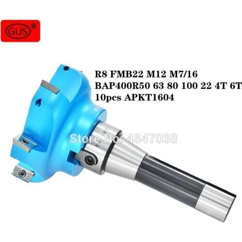 R8 FMB22 M12 M7 / 16 tool holder BAP400R50 63 80 100 22 4T 6T milling cutter head 10pcs APKT1604 inserts, aluminum alloy machini