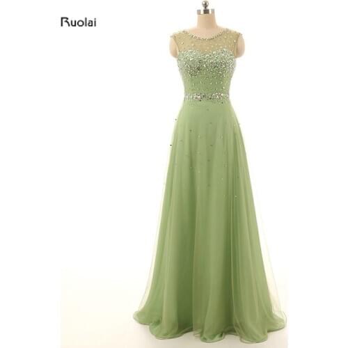 Real Sample Pictures Green Tulle A Line Beading Crystal Floor Length Formal Long Evening Dresses For Wedding Party