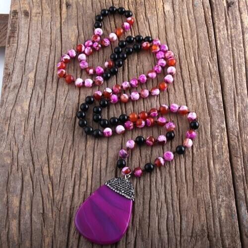 RH Fashion Boho Jewelry 108 Hot Pink & Black Beads Knotted Stones Necklaces With Semi Precious Pendant Bohemia Necklace