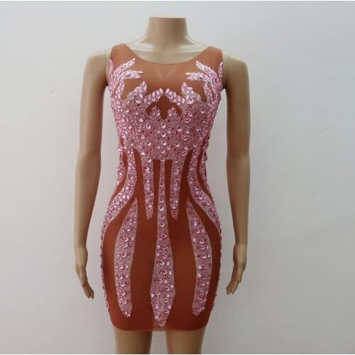Pink Rhinestone Transparent Sleeveless Dress Birthday Celebrate Dance Evening Outfit Sexy Stretch Stone Summer Short Dress