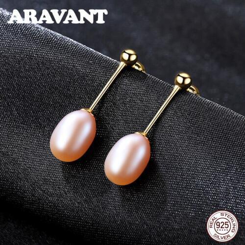 Sliver 925 Jewelry 6-7MM Pearl Long Drop Earring For Women Fashion Pearl Jewelry White Pink Purple