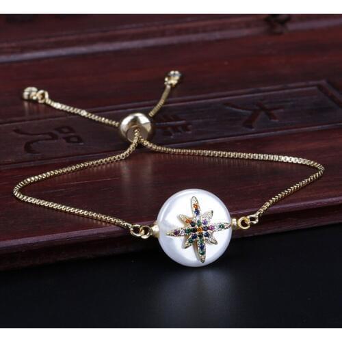 Mix cz paved tiny star charm round coin pearl connector charm gold dainty link bracelet for woman birthday jewelry gift