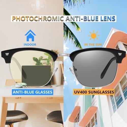 Photochromic Blue Light Blocking Glasses Women Men Transparent Photochromic Gray Lens UV400 Sunglasses Ultralight TR90 Frame A5