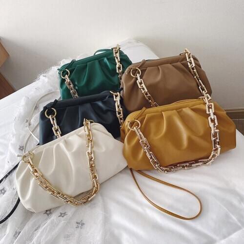 Women Thick Gold Chain Shoulder Bags PU Leather Cloud Messenger Party Crossbody Handbag Leisure Solid Color Travel Clutch Purses