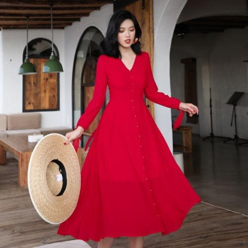 Vintage Red Chiffon Beach Maxi Dress Spring Solid V-Neck Long Sleeve High Waist A-Line Hippie Vacation Boho Womens Dresses