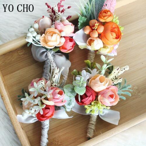 YO CHO Red Wrist Corsage Bracelet Bridesmaids Brooch Pin Wedding Witness Silk Roses Groom Boutonniere Buttonhole Corsage Flowers