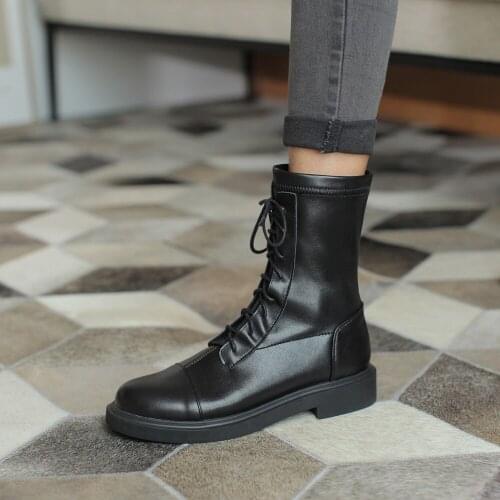 Women Мартин сапоги Black PU Leather Ankle Boots Women Autumn Winter Round Toe Lace Up Shoes Woman Fashion Platform Botas 31-43
