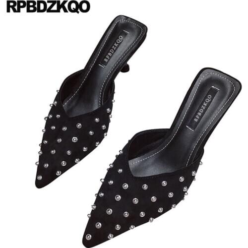 Black thin stud medium heels pointed toe suede brand women shoes 2019 female designer pumps stiletto high rivet mules slipper