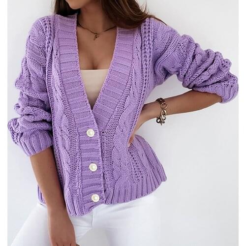 Women Deep V Neck Twist Sweaters Coat Office Lady Single Breasted Button Top Outerwear Autumn Winter Solid Loose Knitted Sweater