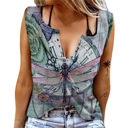 Summer Women Fashion Summer V-neck Digital Printing Pullover Sexy Casual Vest Loose Butterfly Print Sleeveless T-shirt Топ