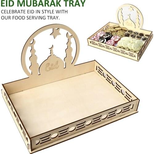 1Pc Eid Mubarak Decor Ramadan Tray Wooden Food Dessert Tray Ramadan Table Decor Muslim Supplies