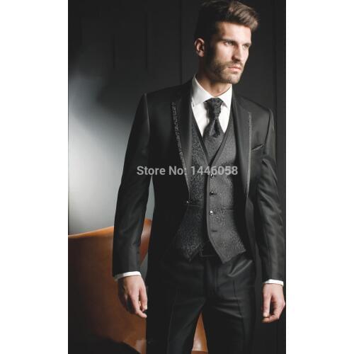 2018 New Arrival Black Flower Vest Male Groom Tuxedo Wear Mens Dress Suits Formal Wedding Suits For Men (Jacket+Pants+Vest+Tie)