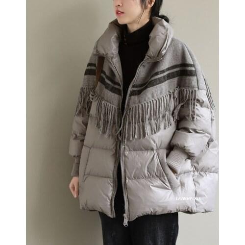 2021 Oversize Women Down Jacket Puffer Coat Loose Warm Autumn Winter Casual Outwear Top Quality Patchwork Tassel Wool