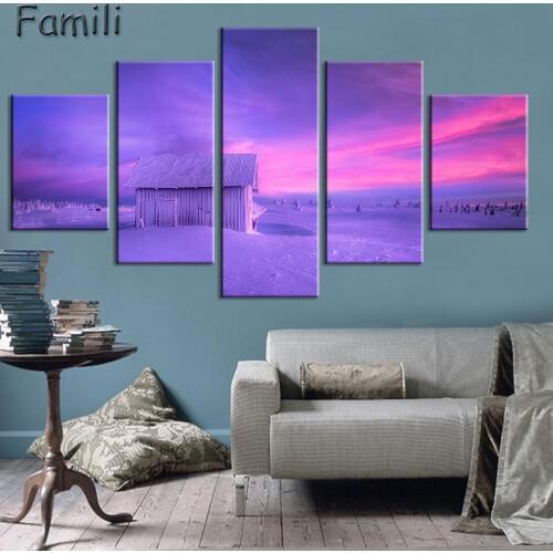 5Pcs/set Modern natural scenery of the Norway lighthouse Yun sunrise Art print canvas art wall Unframed painting for living room