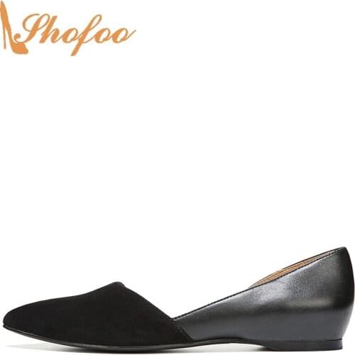 Black Patchwork Ballet Flats Women Slip On Large Size 15 16 Ladies Flock Summer Shoes Pointed Toe Fashion Casual Mature Shofoo