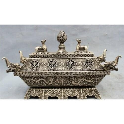 Fast shipping USPS to USA S1177 11" Tibet Silve 8 Auspicious Symbol Statue Dragon Head Incense Burner Censer