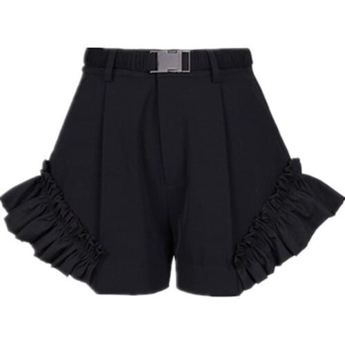 Black Shorts Women High Waist Ruffles A Line Flare All-match Shorts Pants with Belt 2021 Cute Vintage Womens Shorts