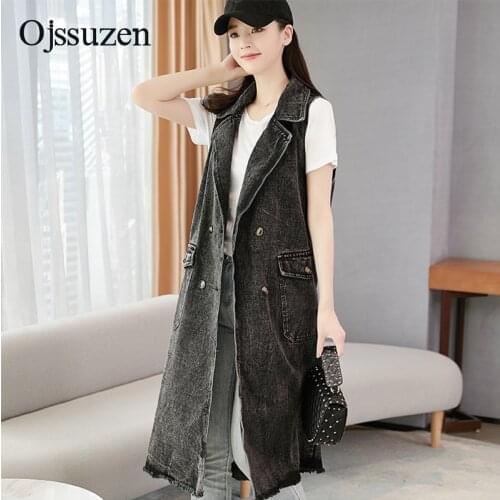 Black Long Vests Womens Sleeveless Jacket Loose Denim Vest Female V Neck With Pocket Vintage Waistcoat Ladies Cowboy Vest