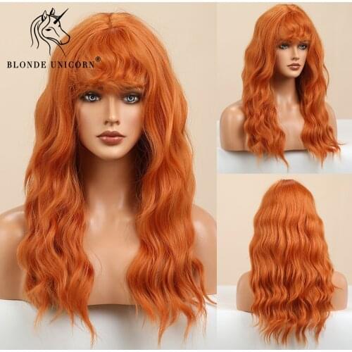 BLONDE UNICORN Long Wavy Synthetic Hair Wigs Red Orange with Bangs For Black White Women Heat Resistant Fiber Daily Wig
