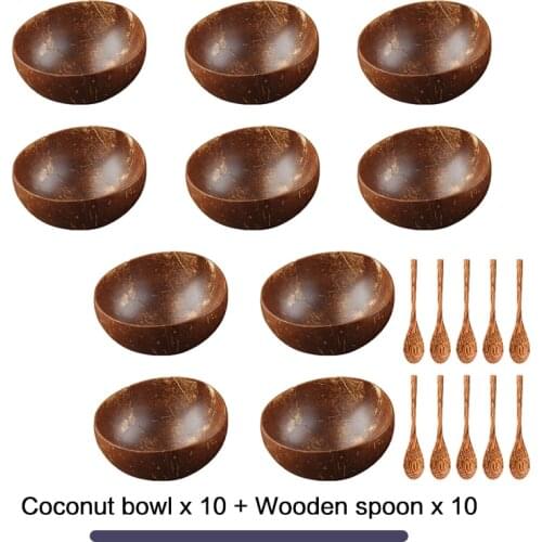 Natural coconut bowl set handmade coconut shell tableware wood spoon dessert fruit salad mixing bowl rice Ramen bowl