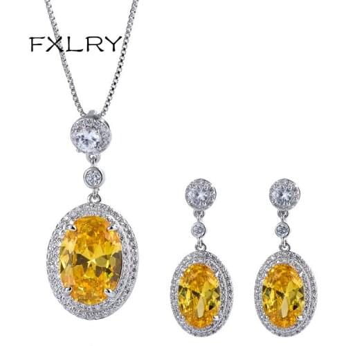 FXLRY Fashion elegant yellow cubic zircon oval shape pendant necklace earring womens jewerly sets