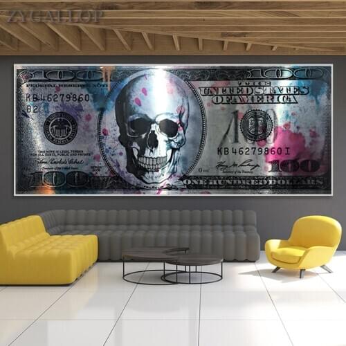 Skull Dollar Money Art Canvas Posters And Prints 100 Dollars Wall Pictures Modern Creative Canvas Painting For Living Room Decor