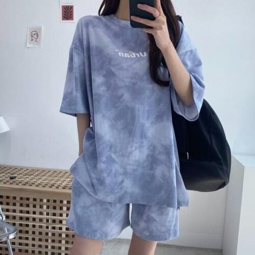 Purple Tie Dye Cotton Two Piece Sets Women Comfort 2021 Summer Harajuku Casual Tracksuit Plus Size Shorts Korean Fashion Teens