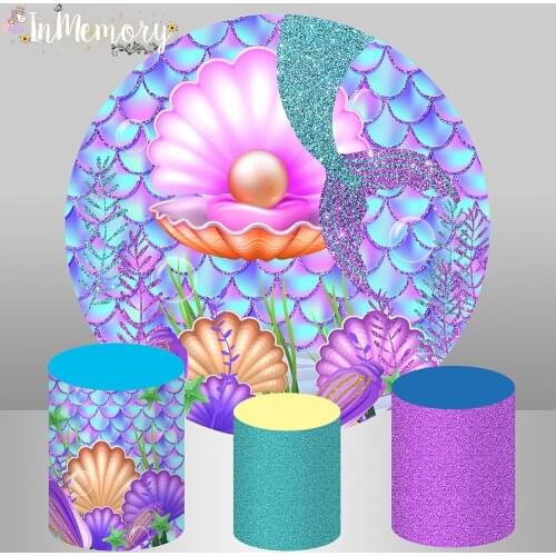 Little Mermaid Round Background Baby Shower Girl Birthday Party Decor Circle Backdrop Cake Table Cylinder Covers