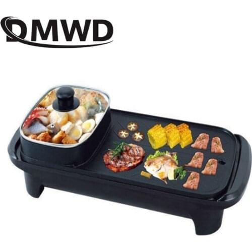 DMWD Multifunction Electric Grill Smokeless Barbecue Baking Plates Hot pot Steak Korean BBQ Non-stick Grilled Meat Machine Oven