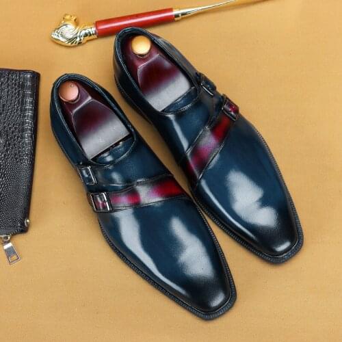 2021 Autumn Men Original Leather Monk Shoes Brand Brogues Dress Carved Suit Design Genuine Leather Brown Buckle Wedding Shoes