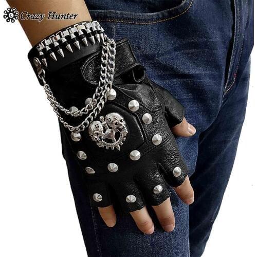 Punk Gothic Leather Pair Fingerless Biker Gloves With Skull studded For Men