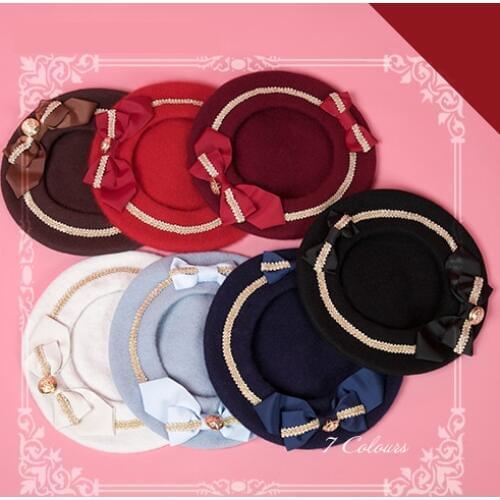 Near Winter-Lolita Girls Double Bowknots Drawers Beret Hat Kawaii Cute Painter Beret Cap 9 Colors