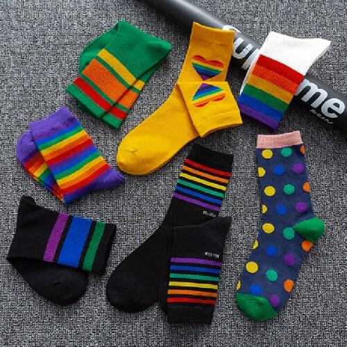 Womens Socks Cotton Rainbow Stripes Fashion Classic Casual Tide Harajuku Funny Cute Socks Calcetines Medias De Mujer Streetwear