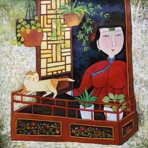 Hand painted Oil Painting on Canvas Hu YongKai Chinese Contemporary Art Woman Wall Art Pictures for Living Room Home Decor #1008