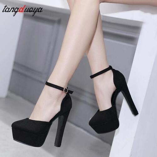 Platform Pumps Women sexy Fashion High Heels 14cm Spike Heels Ankle Strap Black Platform Pumps Party Shoes for lady wedding shoe