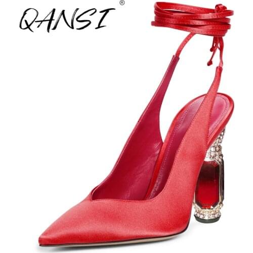 Handmade Point Toe Bowknot Womens Sling Back Black Pumps Ankle Strap Red High Heels Cross Tied Red Crystal Heel Dress Shoes