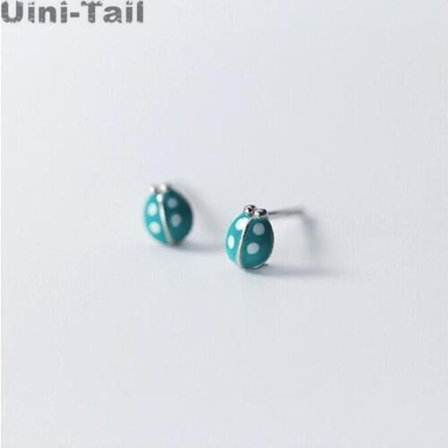 Uini-Tail 2019 new listing 925 sterling silver sweet green small ladybug earrings cute dynamic fashion small fresh jewelry ED431
