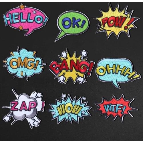 Exclamation box OMG,OK,POW,WOW,HELLO Patches Embroidery Iron on letter Patches for Clothes Applique DIY Badges Decorative