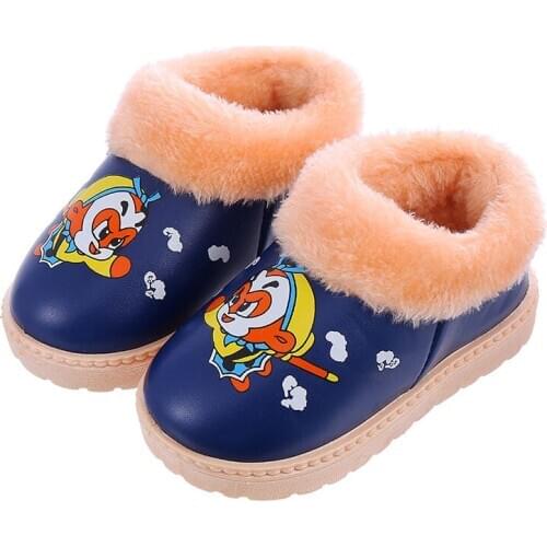 Waterproof PU Leather Childrens Fashion Flat Boots Slip on Waterproof Kids Boots Round Toe Children Winter Snow Boots