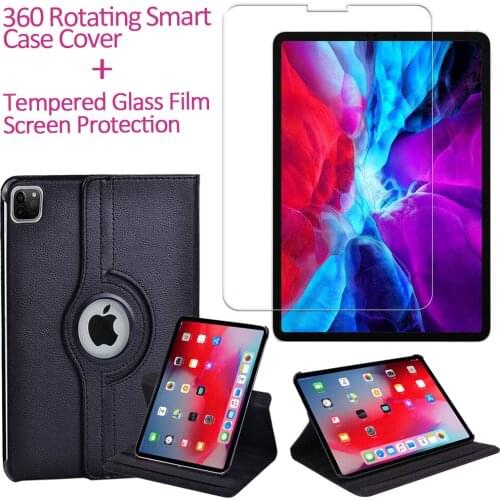 360 Rotating Case for Apple IPad Pro 11" (2018 1st Gen/2020 2nd Gen)/Air 4 10.9" (2020) Flip Black Tablet Case + Tempered Glass