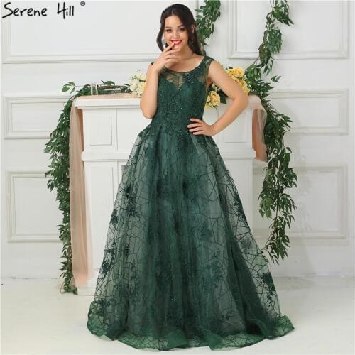 Green Sleeveless Backless Sexy Evening Dresses 2020 Beading Sequined With Train Evening Gowns Real Photo LA6687
