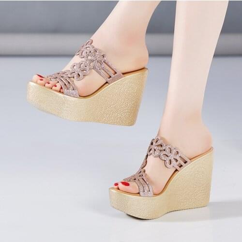 Plus Size 32-41 Open Head Rhinestone Slippers Women Wedding Shoes Summer 2021 High Heels Wedges Slippers Ladies Slides