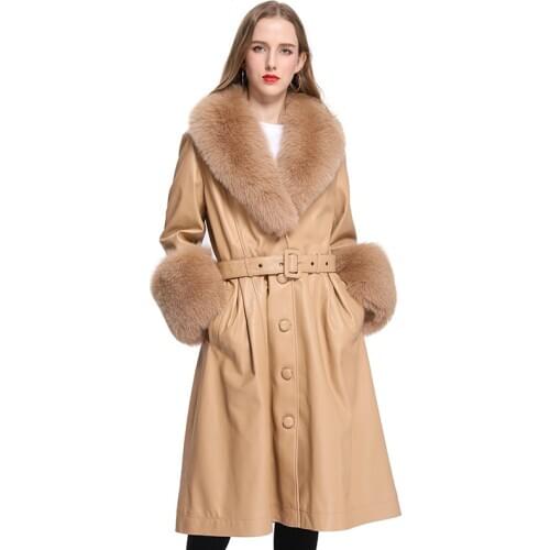 Winter Ladies Long Over Knee Single Breast Genuine Leather Trench Coat With Real Fox Fur Collar Leather Jacket Women MSJ-LT-02